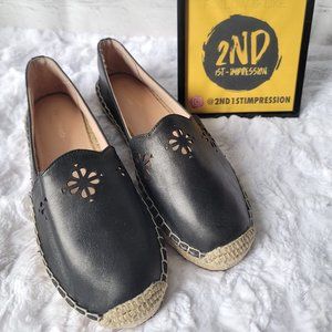 KATE SPADE Espadrille Gillian Black Leather Flats Slip On Laster Cutout Size 7